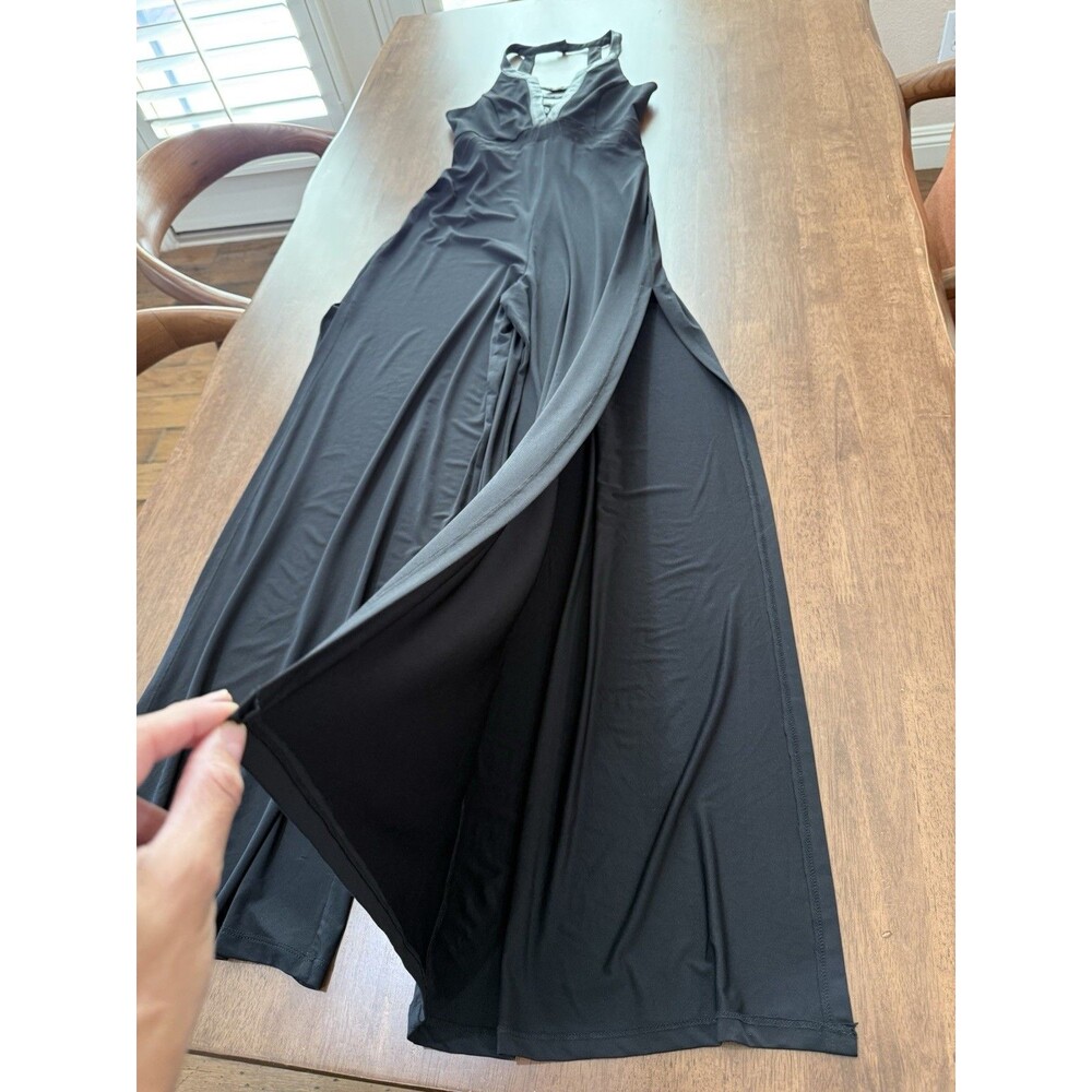 Ark & Co Black Halter Cutout Wide Leg Jumpsuit Faux Leather Trim NWT Small Sexy - Picture 6 of 14
